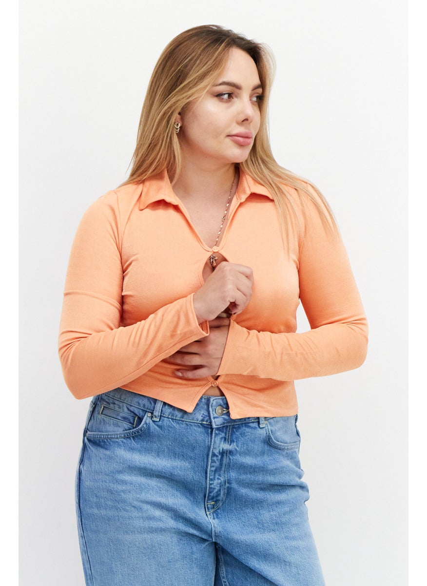 NEW LOOK Women Keyhole Long Sleeves Plain Cropped Top, Orange  - Image 1