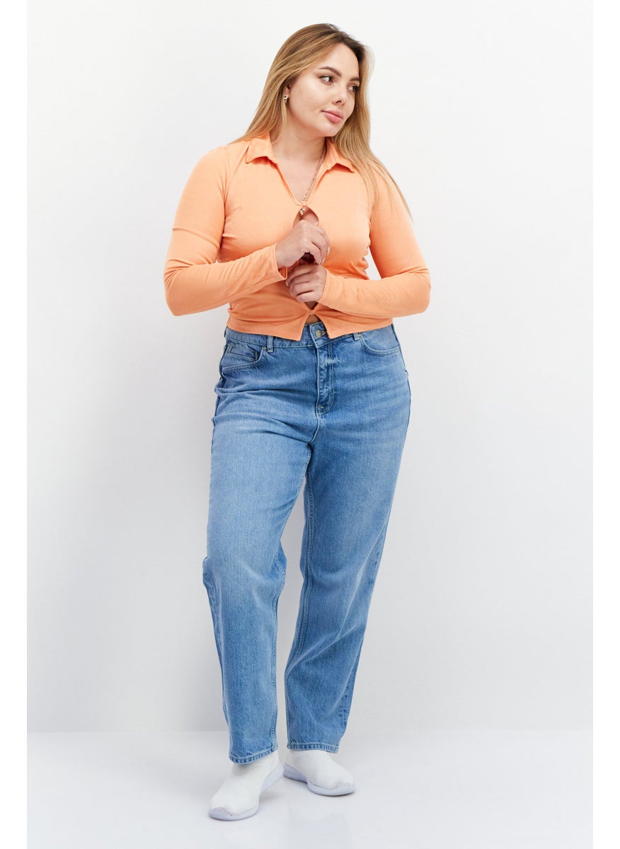 NEW LOOK Women Keyhole Long Sleeves Plain Cropped Top, Orange  - Image 3