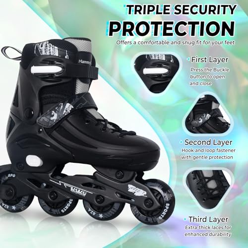MammyGol Adjustable Inline Skates for Kids Youths Adults, All Wheels Light Up, Indoor and Outdoor Blades Roller Skates for Boys Girls Teen Beginners Black - Image 4