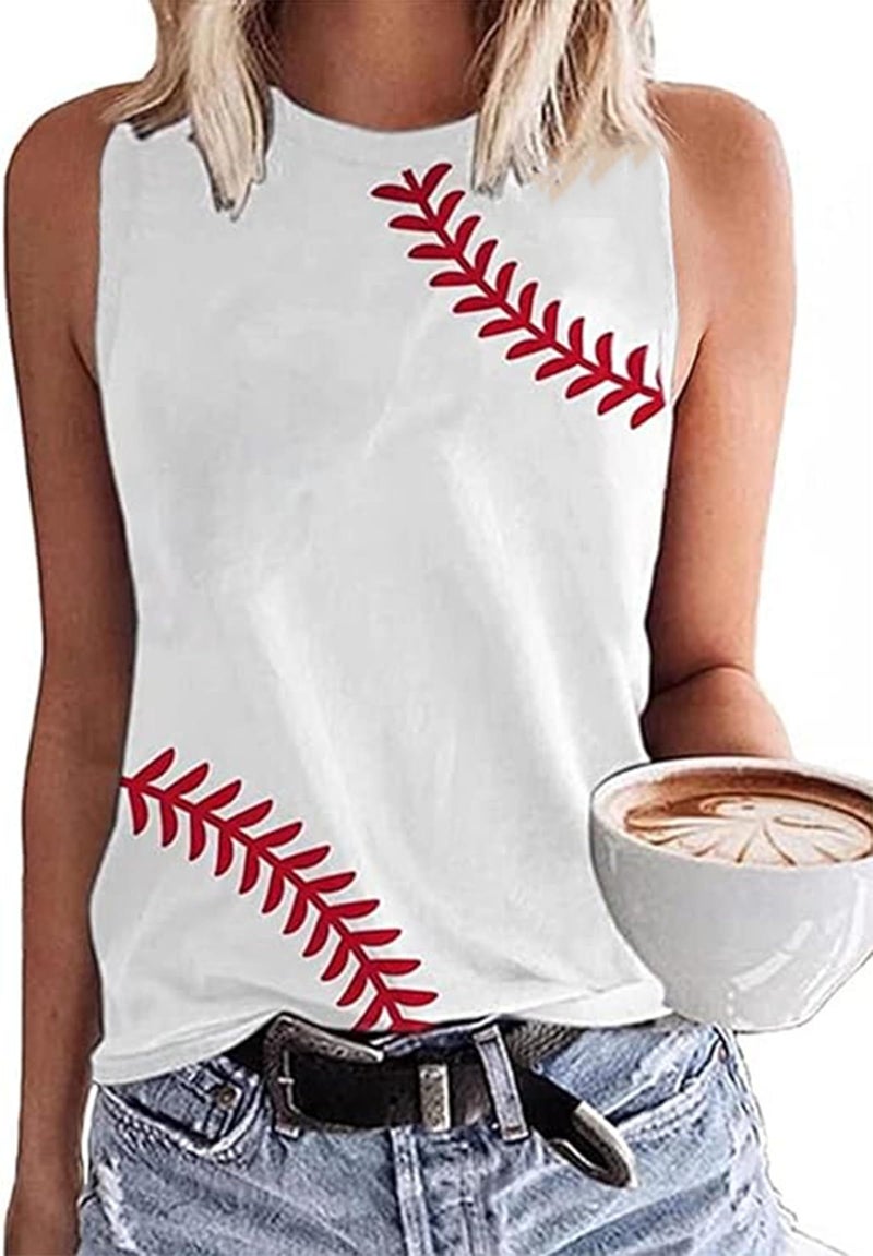 MHTOR Baseball O-Neck Tank Women Print Baseball Tanks Cute Workout Graphic Casual Summer Sleeveless Vest Top(Large,White-02) - Image 2