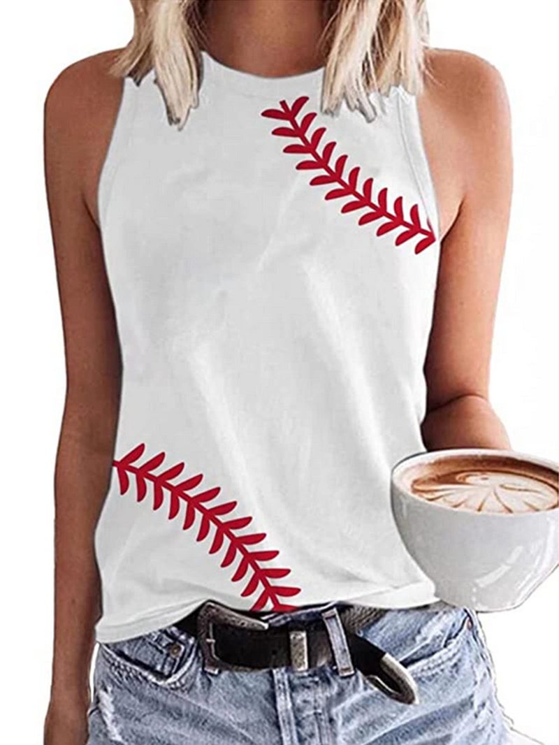 MHTOR Baseball O-Neck Tank Women Print Baseball Tanks Cute Workout Graphic Casual Summer Sleeveless Vest Top(Large,White-02) - Image 1