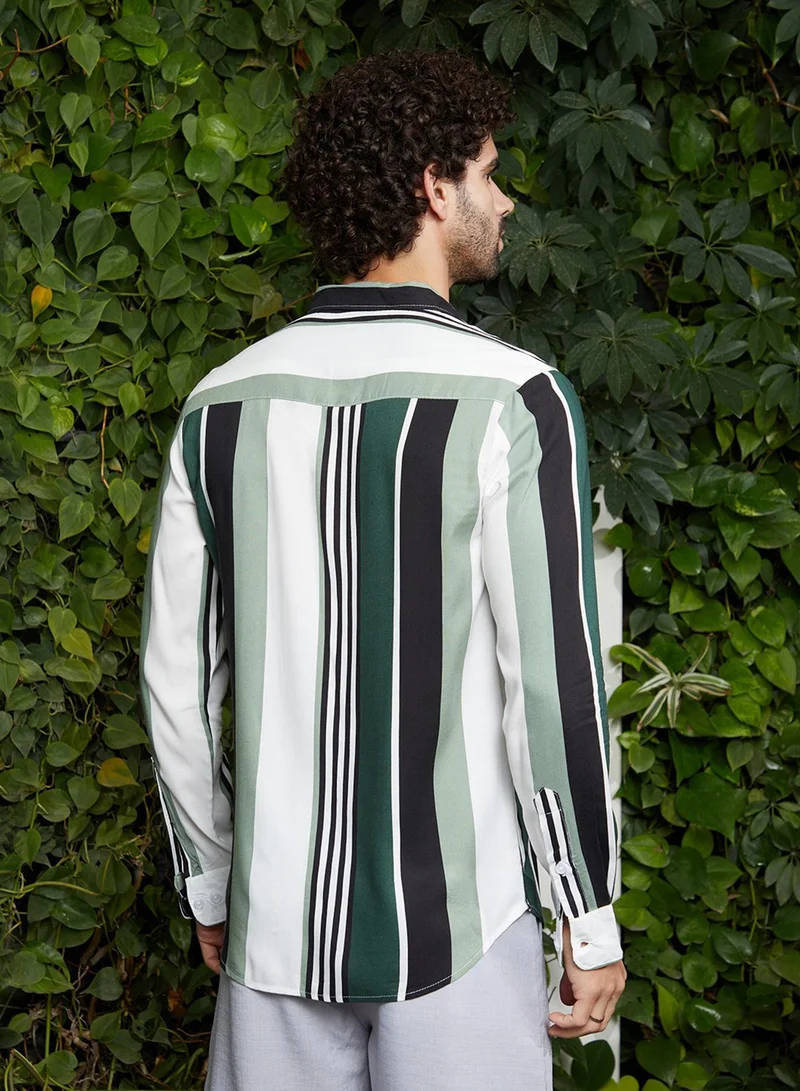 CAHOOT  Men's Jungle Green & Cream White Multitrack-Striped Shirt for Men | Best Price UAE