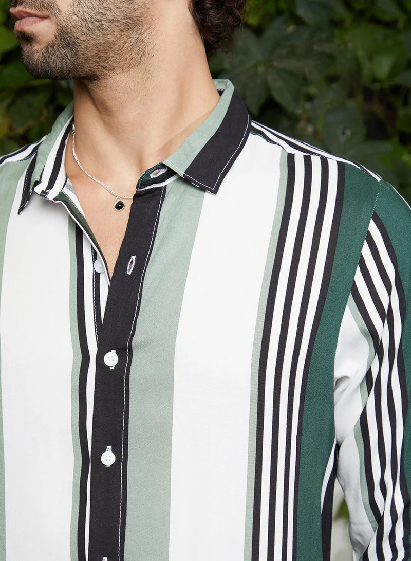 CAHOOT  Men's Jungle Green & Cream White Multitrack-Striped Shirt for Men | Best Price UAE