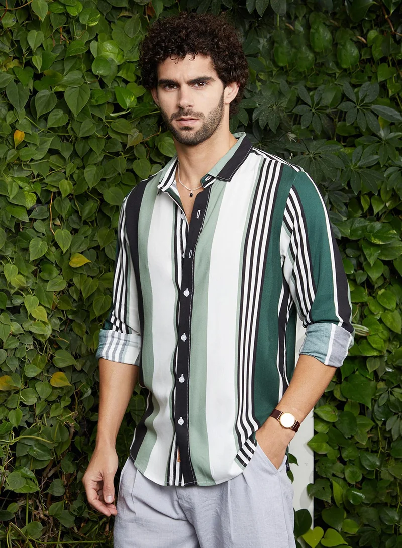 CAHOOT  Men's Jungle Green & Cream White Multitrack-Striped Shirt for Men | Best Price UAE