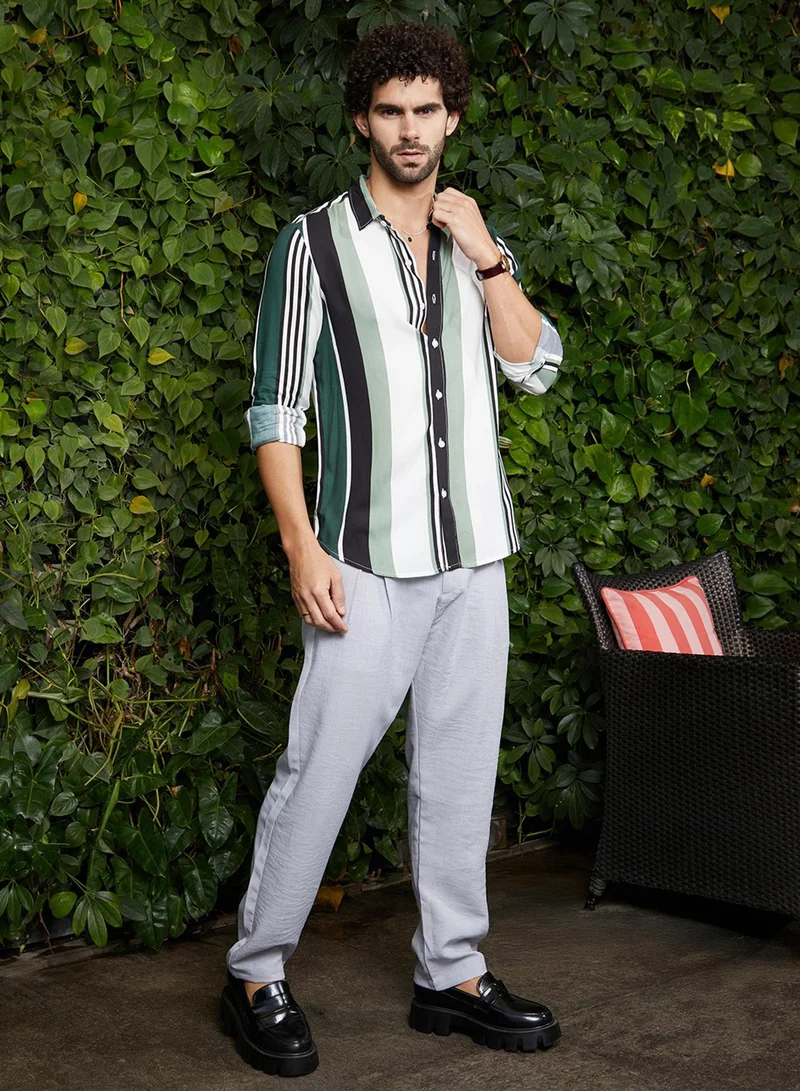 CAHOOT  Men's Jungle Green & Cream White Multitrack-Striped Shirt for Men | Best Price UAE