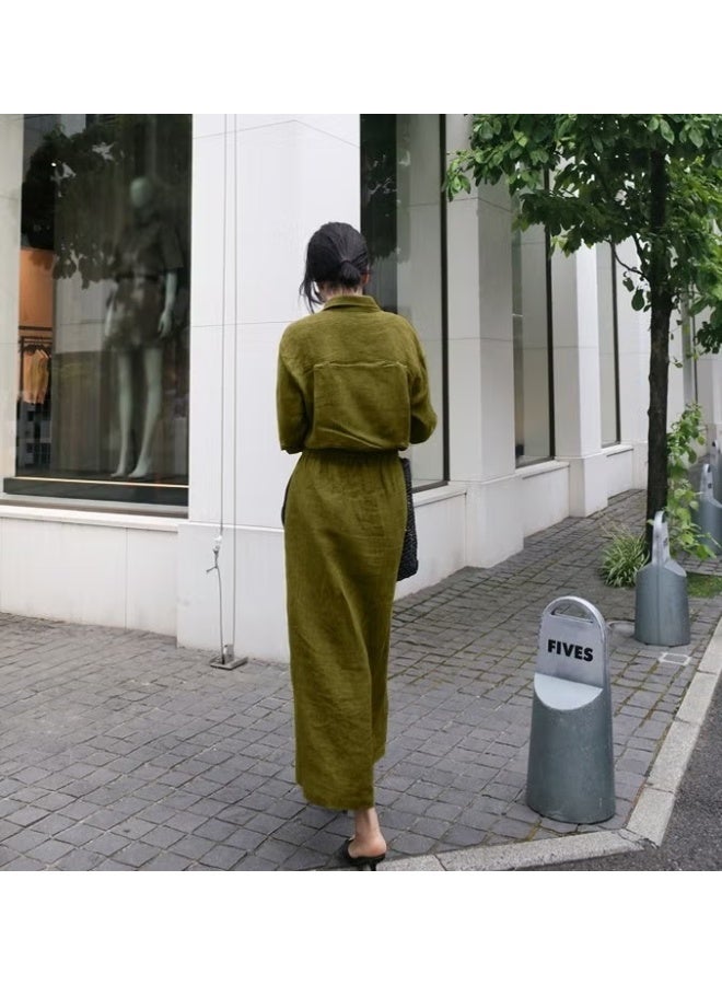 Barbora Linen Casual Waist Tie Detail Long Sleeve Dress LN07HAKI11 - Image 2