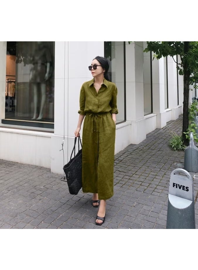 Barbora Linen Casual Waist Tie Detail Long Sleeve Dress LN07HAKI11 - Image 1