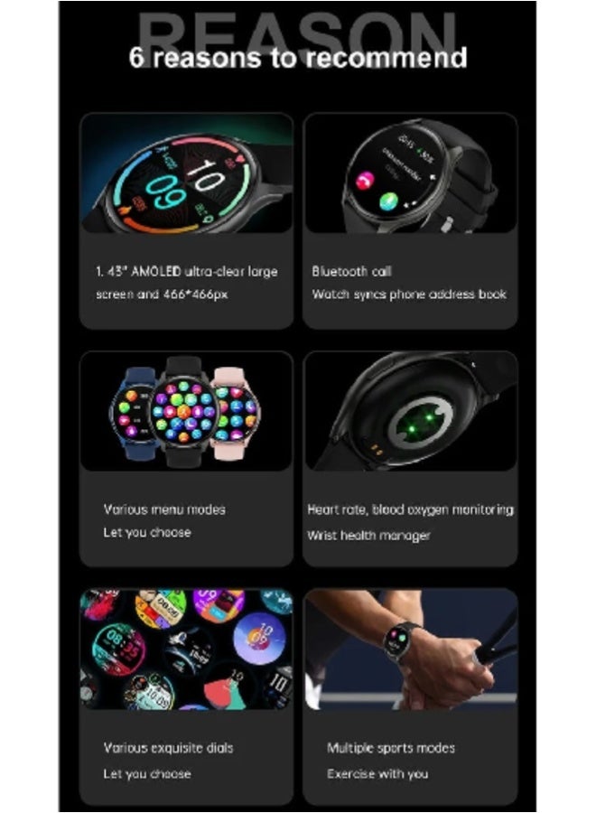 ارواق ساعة ZW60 الذكية - شاشة AMOLED عالية الدقة مقاس 1.43 بوصة، مكالمات بلوتوث، متتبع اللياقة البدنية، مراقبة SpO2 وضغط الدم، مقاومة للماء IP68، للرجال والنساء - أزرق - Image 4