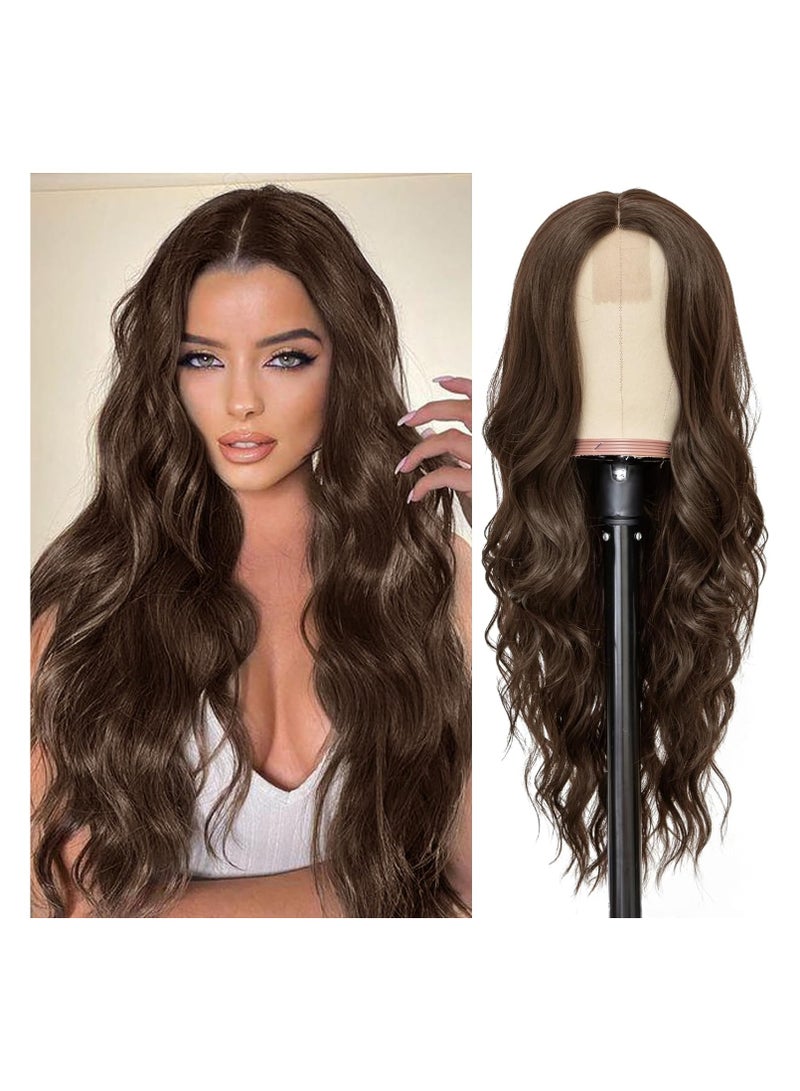 إستيل للمرأة شعر مستعار طويل مموج 26 بوصة الجزء الأوسط مظهر طبيعي مموج شعر مستعار مجعد مقاومة للحرارة الألياف الاصطناعية يوميا شعر مستعار للحفلات بني غامق - Image 1