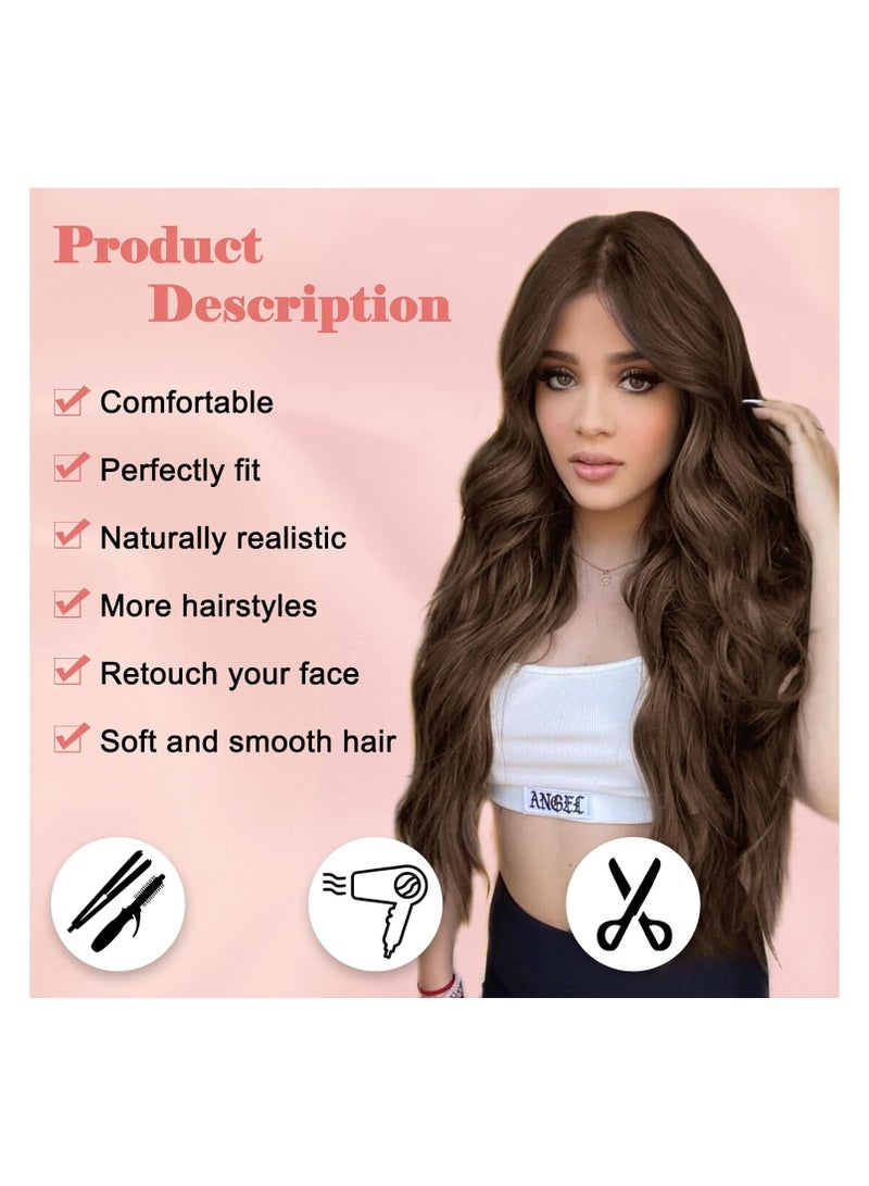 إستيل للمرأة شعر مستعار طويل مموج 26 بوصة الجزء الأوسط مظهر طبيعي مموج شعر مستعار مجعد مقاومة للحرارة الألياف الاصطناعية يوميا شعر مستعار للحفلات بني غامق - Image 2