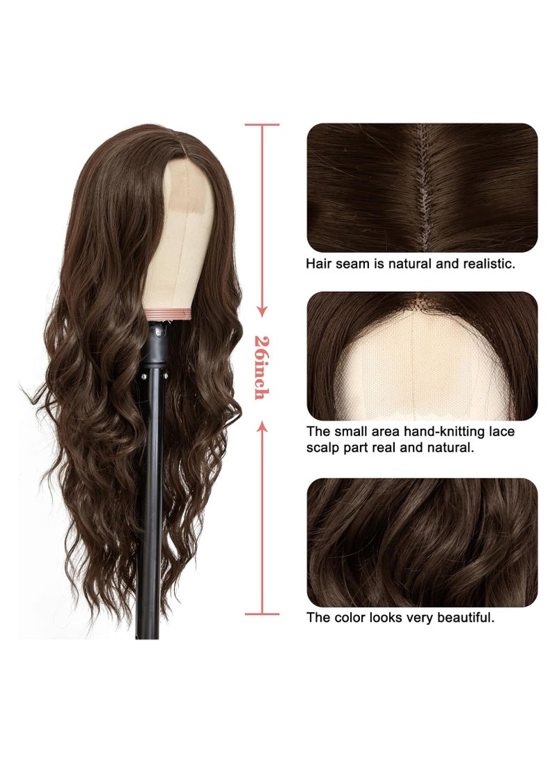 إستيل للمرأة شعر مستعار طويل مموج 26 بوصة الجزء الأوسط مظهر طبيعي مموج شعر مستعار مجعد مقاومة للحرارة الألياف الاصطناعية يوميا شعر مستعار للحفلات بني غامق - Image 4