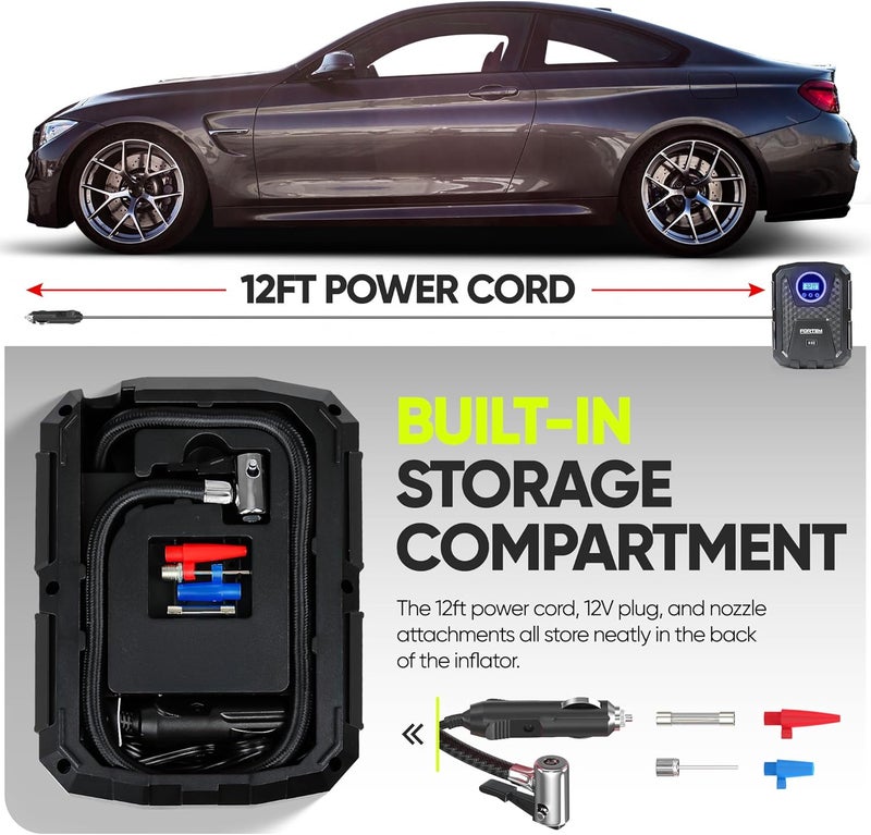 FORTEM 150 PSI 12V Electric Bike Pump & Car Tire Inflator with LED Light, Digital Tire Pressure Gauge, Auto Pump/Shut Off, Carrying Case - Image 3