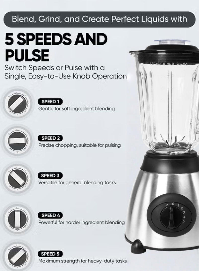 Bolivia's 2-in-1 Electric Blender with Grinder, 1.5L Glass Jar & 300ml Grinding Mill, Stainless Steel Blades, 5-Speed & Pulse Control, 600W Motor, Perfect for Smoothies, Coffee, Herbs, Spices and Nuts - Image 4