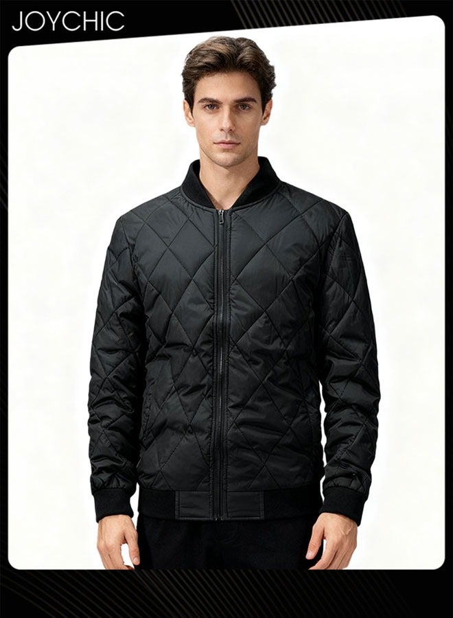 Joychic Autumn and Winter Men Korean Style Stand-up Collar Thermal Zipper Jacket Trendy Casual Cotton Warm Coat Outdoor Windproof Black - Image 1