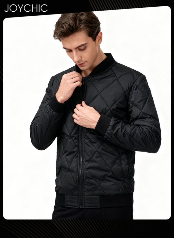 Joychic Autumn and Winter Men Korean Style Stand-up Collar Thermal Zipper Jacket Trendy Casual Cotton Warm Coat Outdoor Windproof Black - Image 2