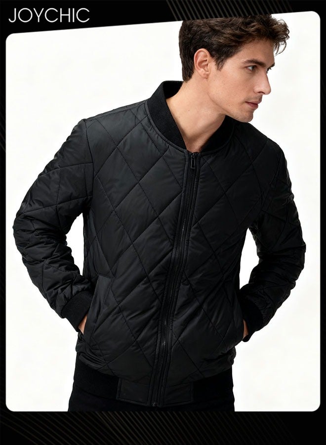 Joychic Autumn and Winter Men Korean Style Stand-up Collar Thermal Zipper Jacket Trendy Casual Cotton Warm Coat Outdoor Windproof Black - Image 3