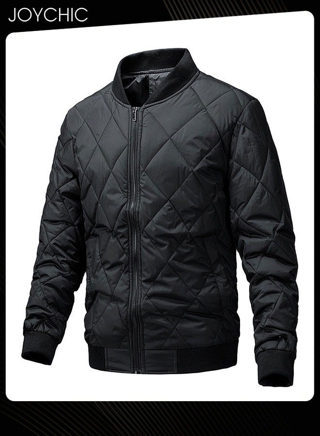 Joychic Autumn and Winter Men Korean Style Stand-up Collar Thermal Zipper Jacket Trendy Casual Cotton Warm Coat Outdoor Windproof Black  - Image 4