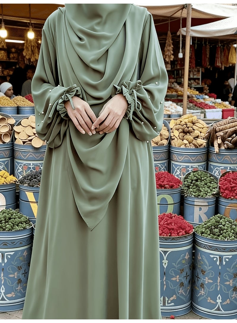 سلسلة اللؤلؤ: الشرق الأوسط اللون الصلب للنساء رداء اللؤلؤ الأكمام فستان Abaya قطعتين مجموعة الحجاب الطويل مناسبة جدا للنساء يوميا ارتداء الصيام شهر الصلاة - Image 3