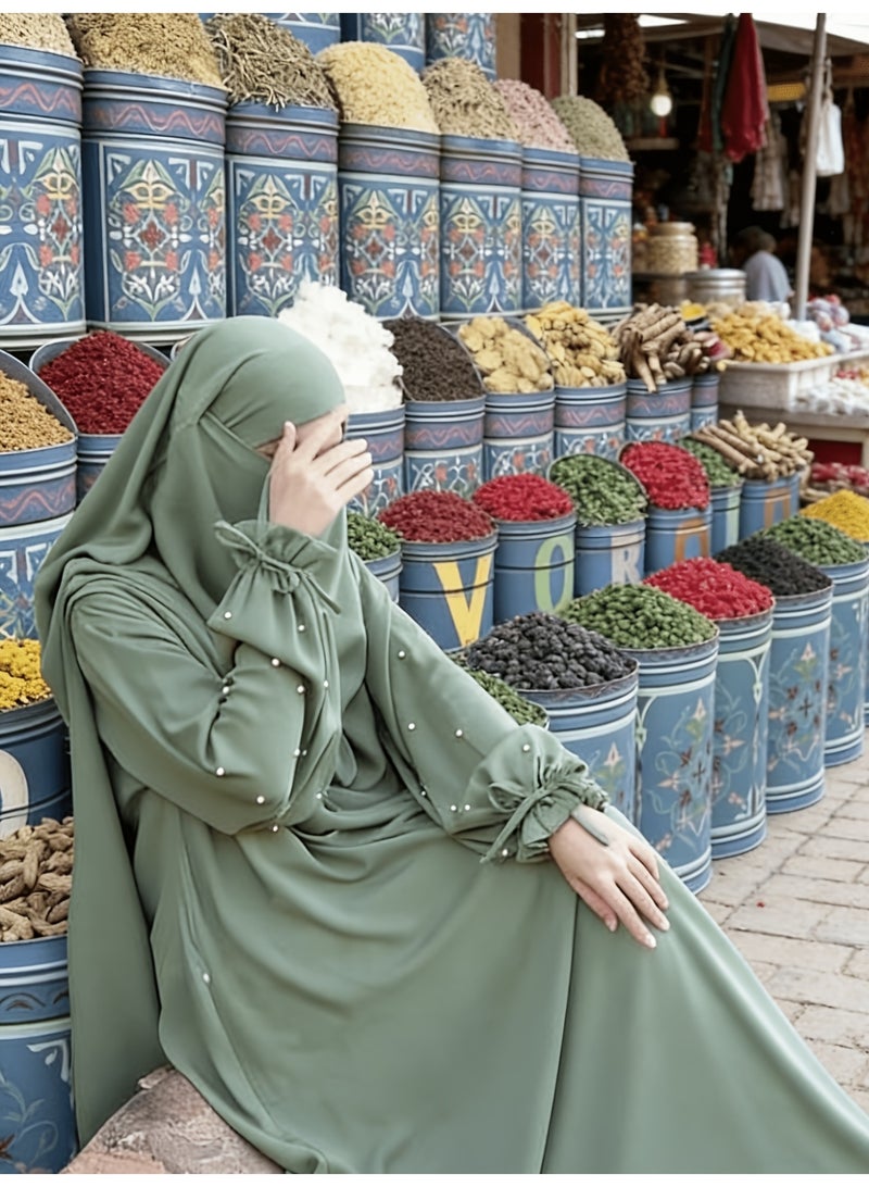 سلسلة اللؤلؤ: الشرق الأوسط اللون الصلب للنساء رداء اللؤلؤ الأكمام فستان Abaya قطعتين مجموعة الحجاب الطويل مناسبة جدا للنساء يوميا ارتداء الصيام شهر الصلاة - Image 2