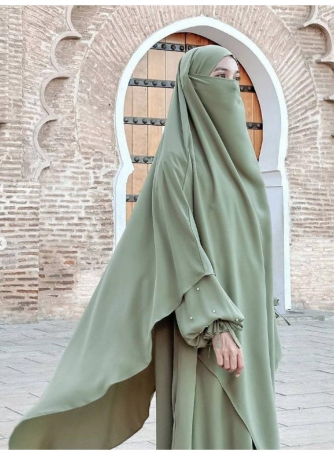 سلسلة اللؤلؤ: الشرق الأوسط اللون الصلب للنساء رداء اللؤلؤ الأكمام فستان Abaya قطعتين مجموعة الحجاب الطويل مناسبة جدا للنساء يوميا ارتداء الصيام شهر الصلاة - Image 5