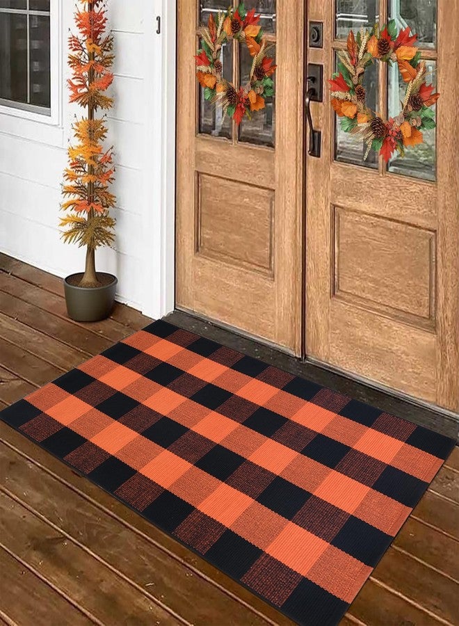 Fallovea Fall Orange and Black Plaid Rugs, 28''x43'' Area Rug Outdoor Indoor Front Porch Doormat Cotton Hand-Woven Layered Door Mats for Entryway Patio Laundry Bedroom Living Room - Image 2