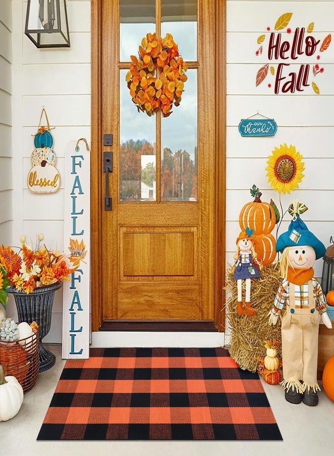 Fallovea Fall Orange and Black Plaid Rugs, 28''x43'' Area Rug Outdoor Indoor Front Porch Doormat Cotton Hand-Woven Layered Door Mats for Entryway Patio Laundry Bedroom Living Room - Image 1