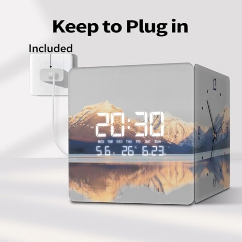 SCOAGE 12'' Double Sided 90° Corner Wall Clock, Golden Sunrise & Lake, Radar Motion Activated, Analog & LED Display with Temp Humidity Date Day, Silent Non-Ticking Plug-in for Living Room Hallway - Image 5