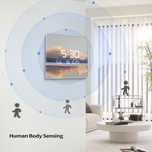 SCOAGE 12'' Double Sided 90° Corner Wall Clock, Golden Sunrise & Lake, Radar Motion Activated, Analog & LED Display with Temp Humidity Date Day, Silent Non-Ticking Plug-in for Living Room Hallway - Image 4