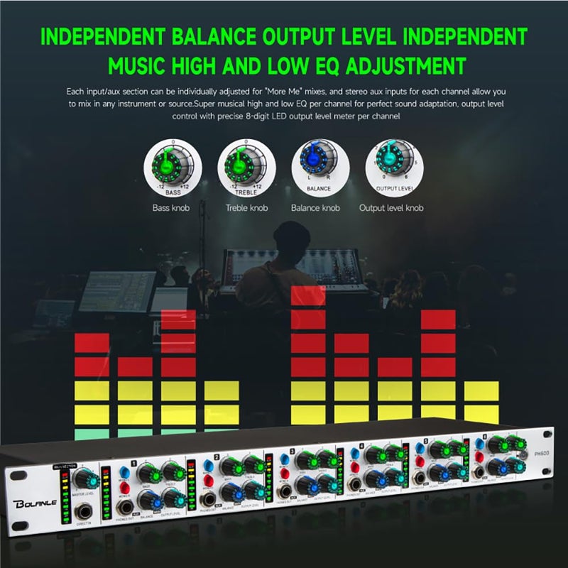 Bolanle PH6000 6-Channel Headphone Mixing Distribution Amplifier High-Power Headphone Amplifier 3.5mm & 6.35mm Jacks - Image 4