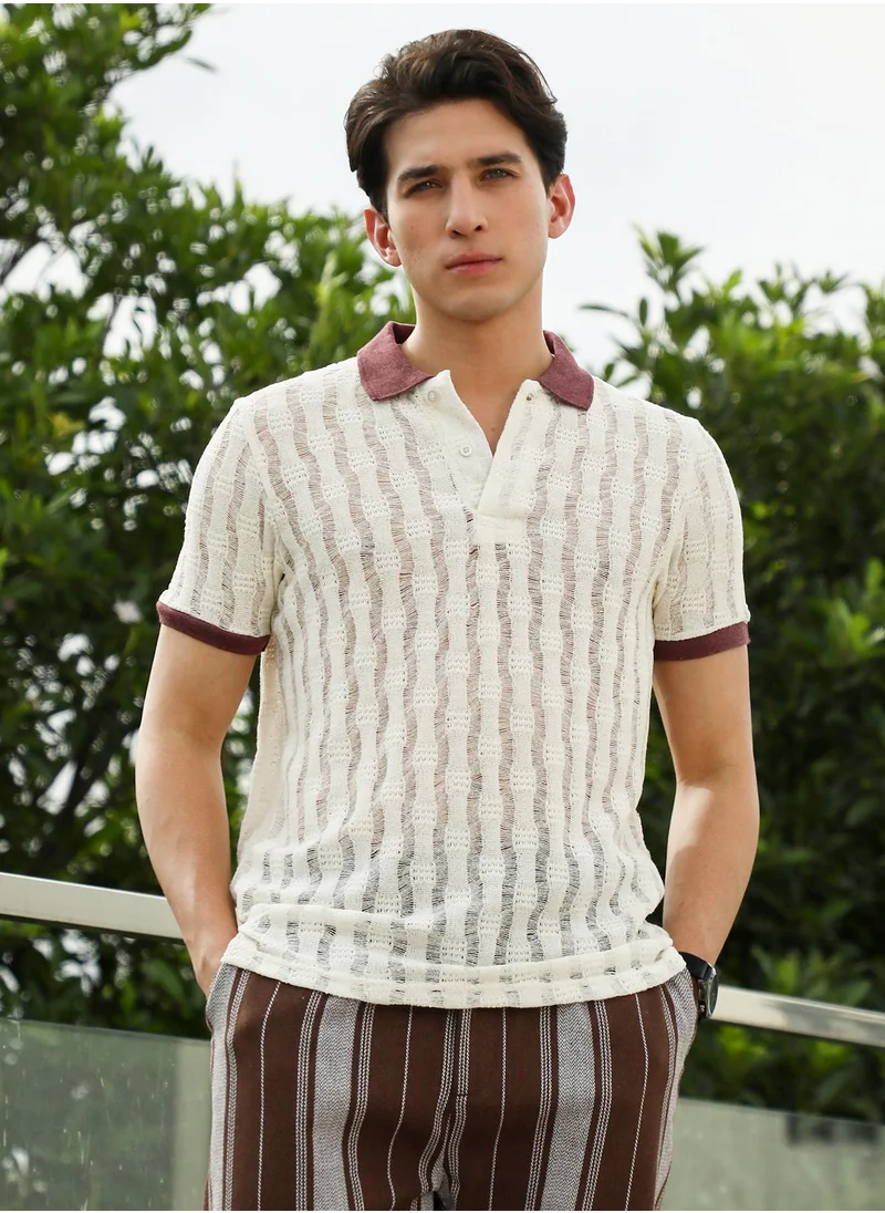 كامبوس سوترا Men's Textured Knit Polo T-Shirt with Contrast Collar and Cuffs