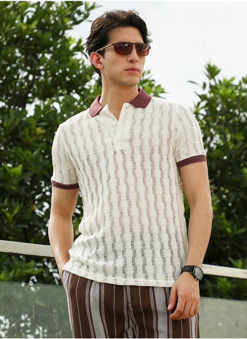 كامبوس سوترا Men's Textured Knit Polo T-Shirt with Contrast Collar and Cuffs