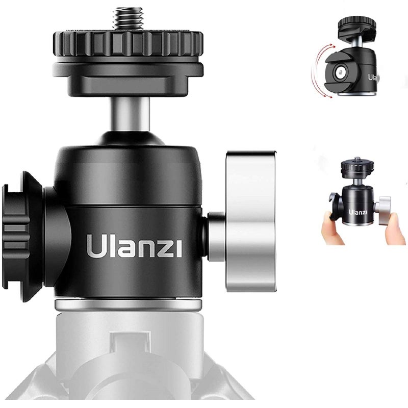Ulanzi U-60 Mini Ball Head,Dual Cold Shoe Mount for Microphone, Aluminum Alloy 360 Degree Rotating Swivel Tripod Head