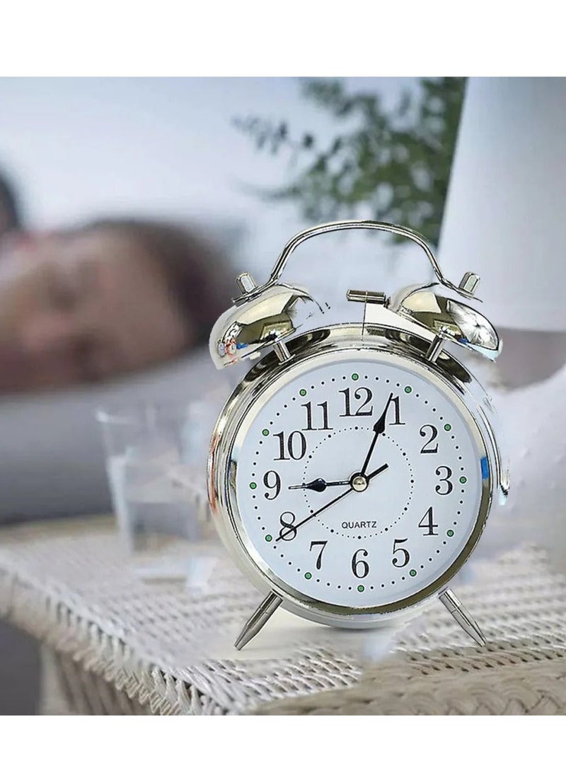 Microplus Twin Bell Quartz Analog Alarm Clock, Modern Vintage Design, Touch-Activated Backlight, Loud Alarm Silver Ps-4730 - Image 1