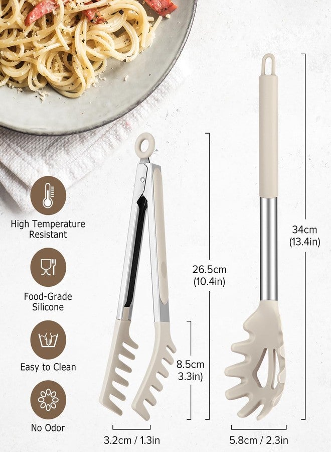 DaiRen Kitchen Spaghetti Spoon and Pasta Tong, Non-stick Silicone Spoon Server Fork with teeth and Stainless Steel Handle Spaghetti Tong, Food Clip for Spaghetti Noodle, Khaki - Image 2