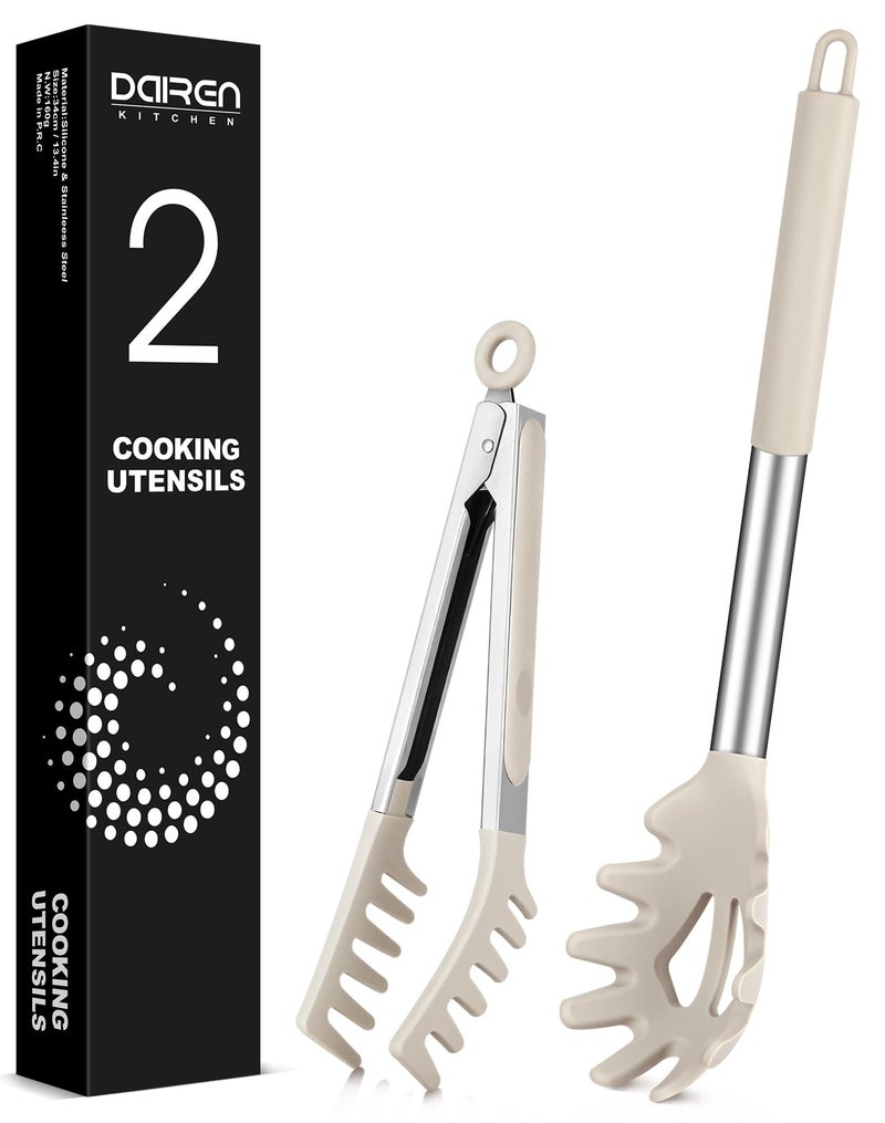 DaiRen Kitchen Spaghetti Spoon and Pasta Tong, Non-stick Silicone Spoon Server Fork with teeth and Stainless Steel Handle Spaghetti Tong, Food Clip for Spaghetti Noodle, Khaki - Image 1