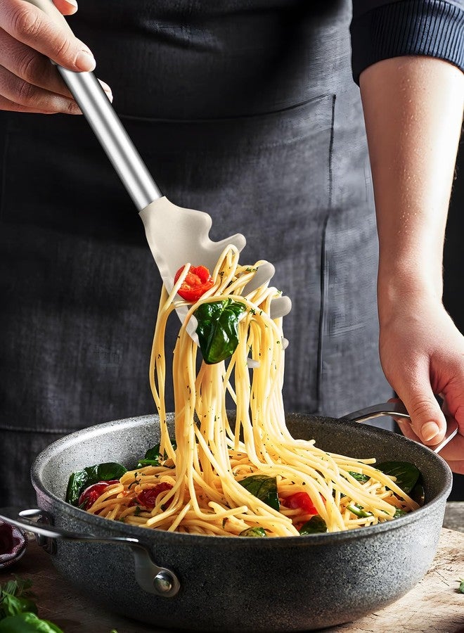 DaiRen Kitchen Spaghetti Spoon and Pasta Tong, Non-stick Silicone Spoon Server Fork with teeth and Stainless Steel Handle Spaghetti Tong, Food Clip for Spaghetti Noodle, Khaki - Image 5