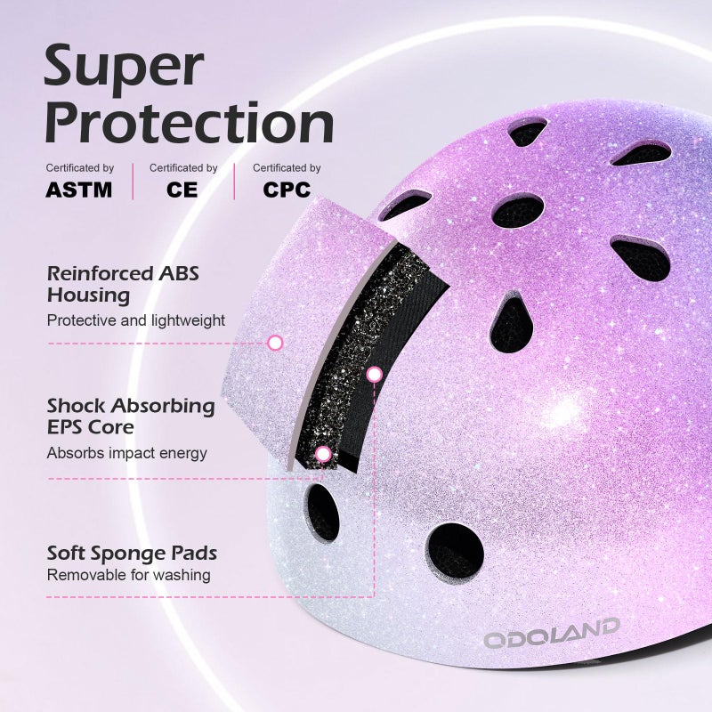 Odoland Kids Bike Helmet, Boys and Girls Sparkling Bicycle Helmet, Suggested Fit 48-54cm, Multi-Sports Adjustable for Skating, Cycling, Skateboard Helmet,Sparkly Rainbow Gradient - Image 3