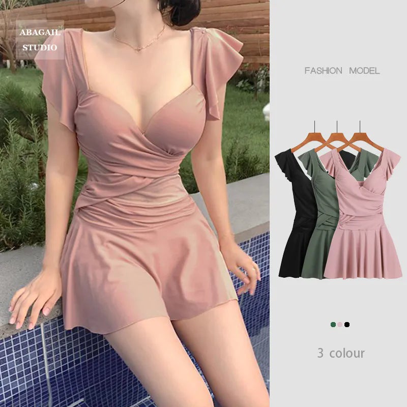 One-Piece Swimsuit for Women 2025 Summer New Pure Lust Skirt Style Conservative Belly-Covering Slimming Look Small Breast Push-Up Vacation Swimsuit - Image 2