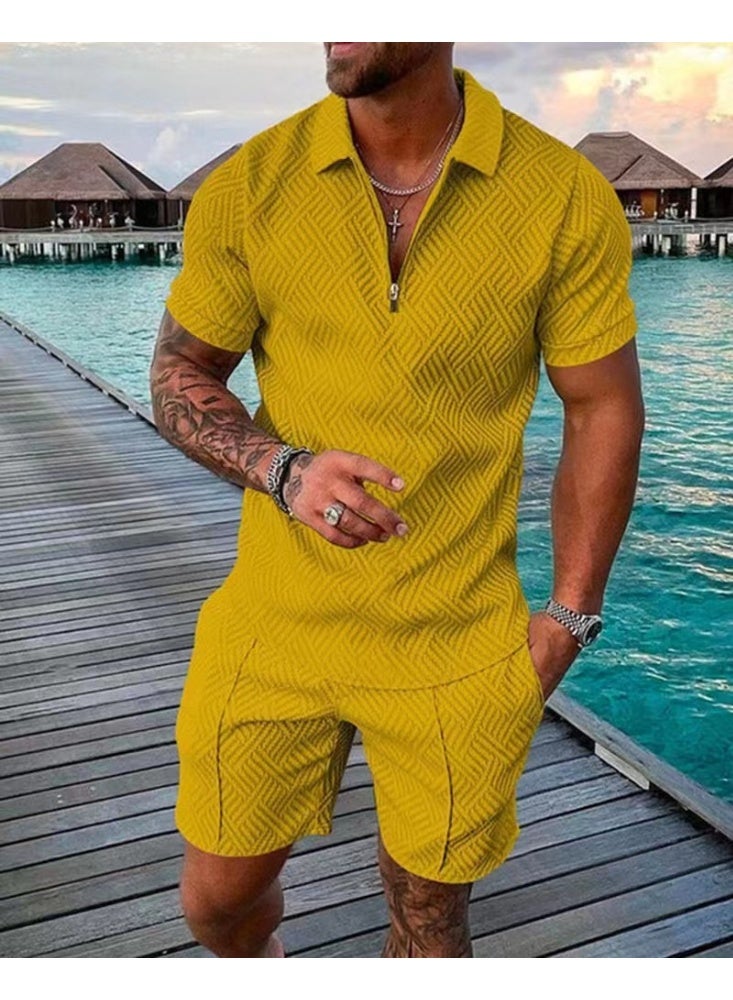 Men's Polo Suit Fashion Men Sets  Summer V-neck Zipper Short Sleeve POLO Shirt+Shorts Two Pieces Men Casual Suit - Image 1