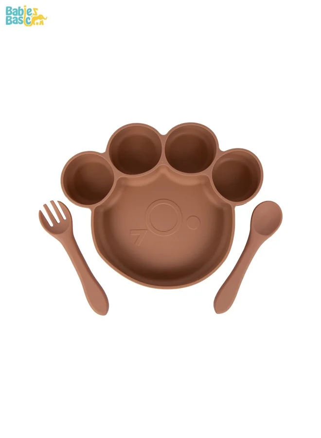 Babies Basic Feeding Set, 3 Piece, Silicone Set For Self Feeding, Learning & Fine Motor Skills Soft, Easy To Grip,Silicone Suction Plate With Silicone Spoon And Fork- Brown,