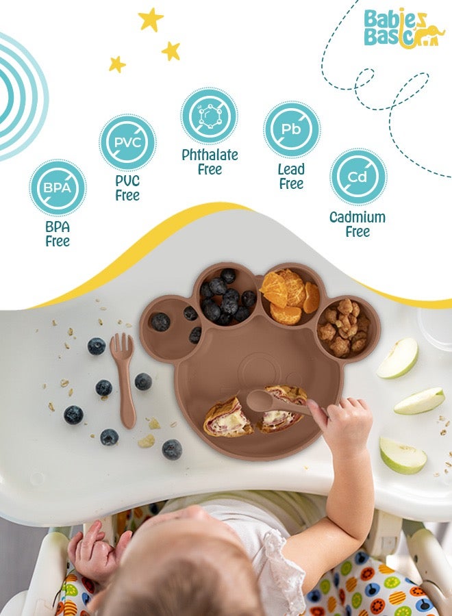 بابيز_بيسك مجموعة تغذية، 3 قطع، مجموعة سيليكون للتغذية الذاتية، سهلة الامساك، طبق سيليكون بوظيفة الشفط مع ملعقة وشوكة سيليكون. - Image 3