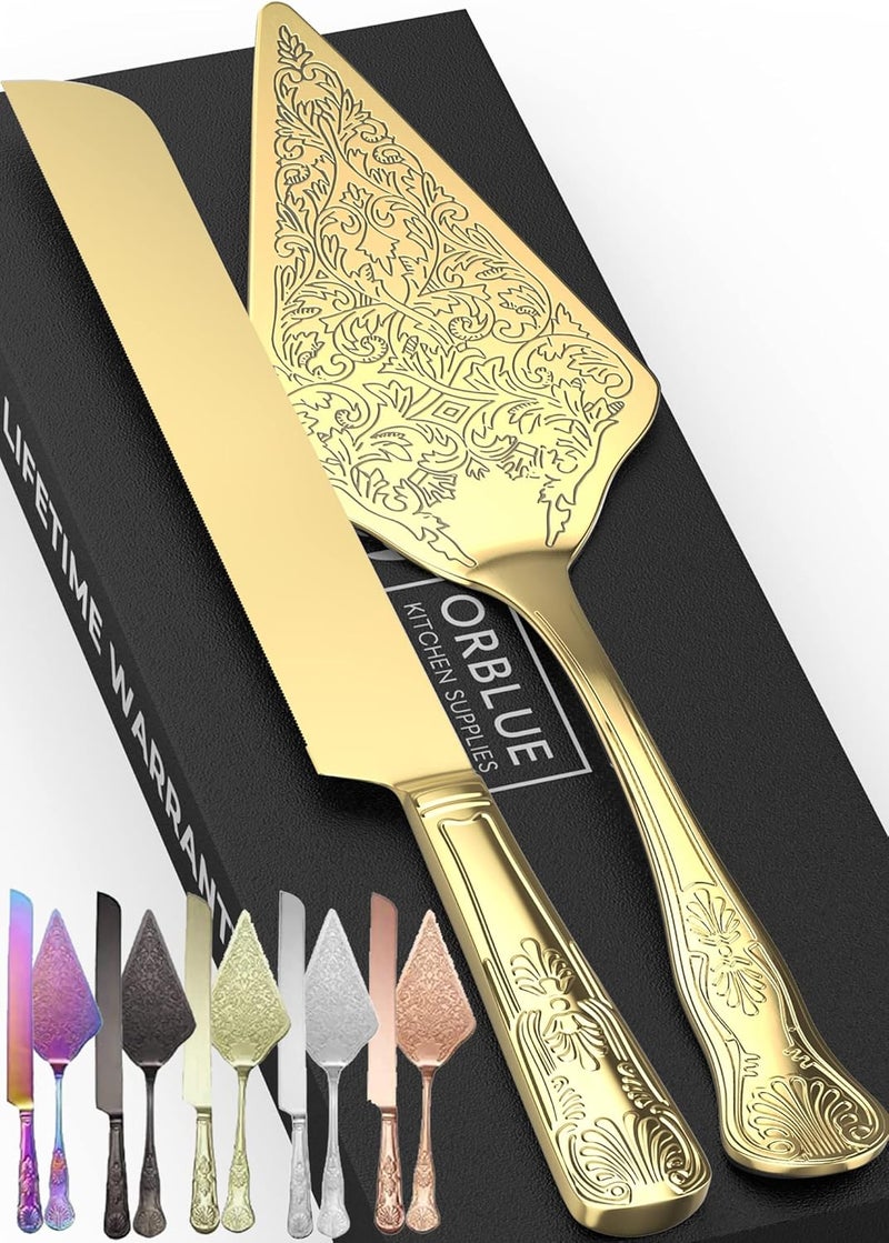 Orblue Wedding Cake Knife and Server Set - Premium, Beautifully Engraved Cutting Set - Elegant Keepsake for Newlyweds Gold - Image 1