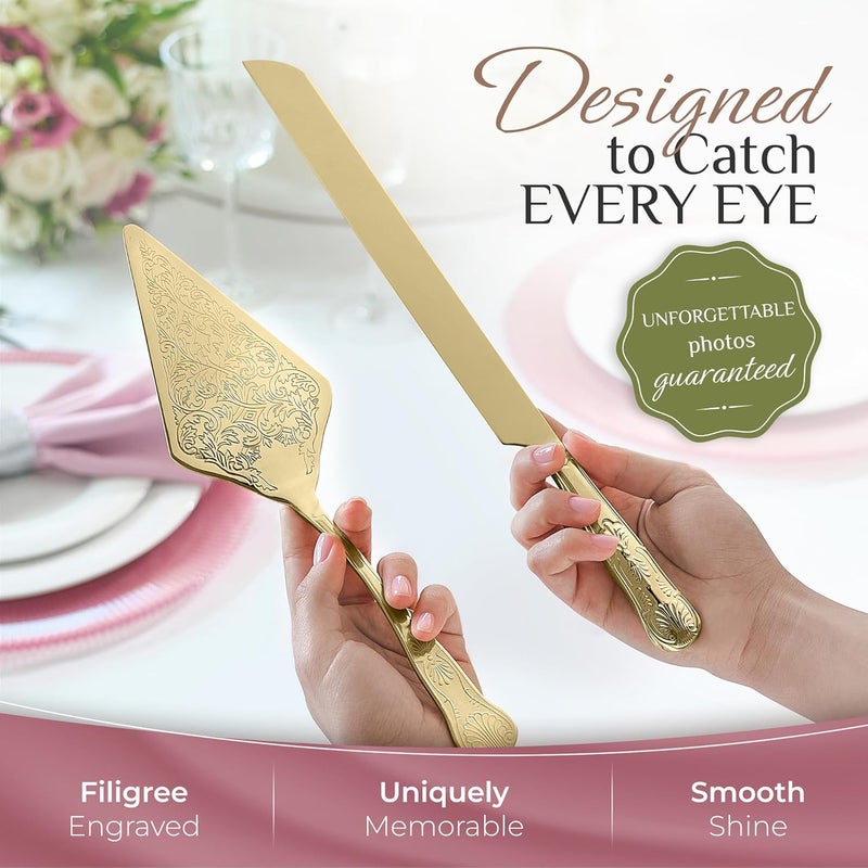 Orblue Wedding Cake Knife and Server Set - Premium, Beautifully Engraved Cutting Set - Elegant Keepsake for Newlyweds Gold - Image 2