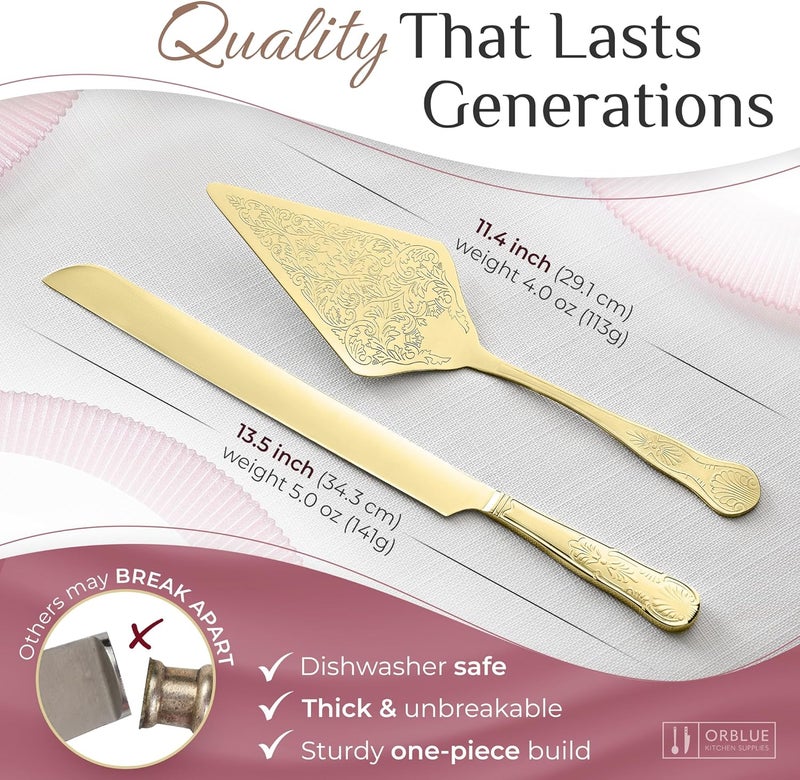Orblue Wedding Cake Knife and Server Set - Premium, Beautifully Engraved Cutting Set - Elegant Keepsake for Newlyweds Gold - Image 3