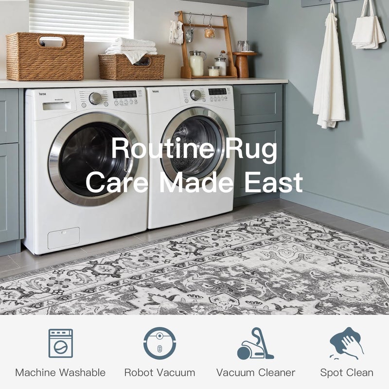 Lofus 8x10 Area Rugs for Living Room, Washable Area Rug, Rugs for Bedroom, Kitchen, Vintage Boho Carpet, Soft Non-Slip, Low Pile Large Area Rug for Office Dining Room, Floral Grey - Image 4