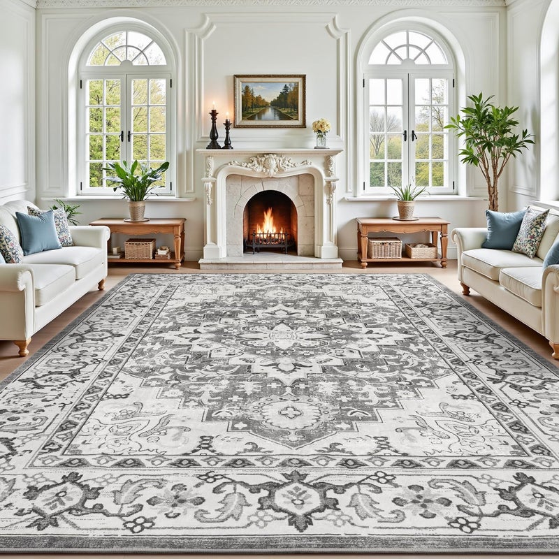 Lofus 8x10 Area Rugs for Living Room, Washable Area Rug, Rugs for Bedroom, Kitchen, Vintage Boho Carpet, Soft Non-Slip, Low Pile Large Area Rug for Office Dining Room, Floral Grey - Image 1
