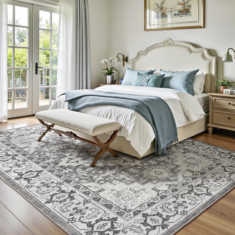 Lofus 8x10 Area Rugs for Living Room, Washable Area Rug, Rugs for Bedroom, Kitchen, Vintage Boho Carpet, Soft Non-Slip, Low Pile Large Area Rug for Office Dining Room, Floral Grey - Image 2