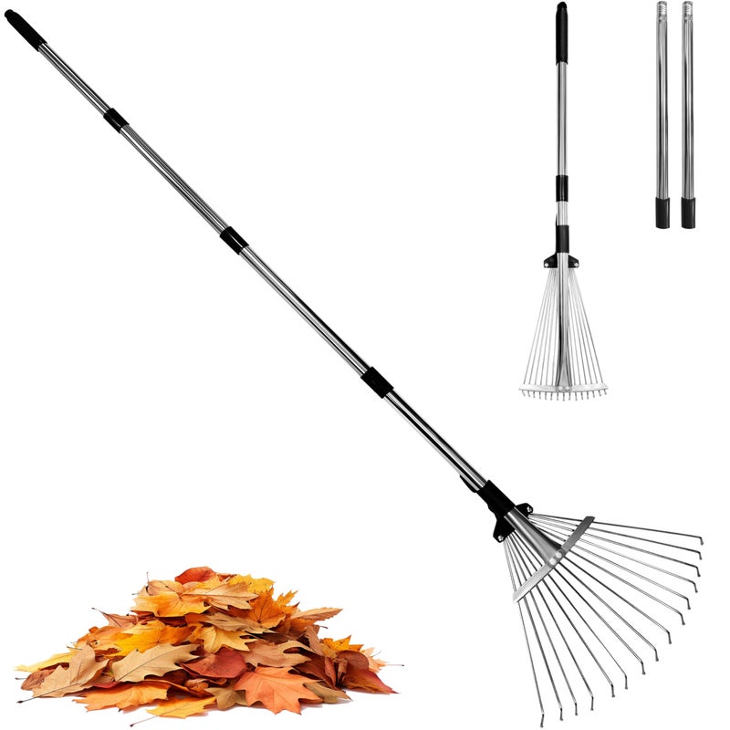 TCBWFY Garden Rake for LeavesHeavy Duty Metal Adjustable Leaf Rake for LawnsLong Handle 3369 with Expandable Head 815Garden Tools for Yard Lawn Shrub Garden Beds - Image 2