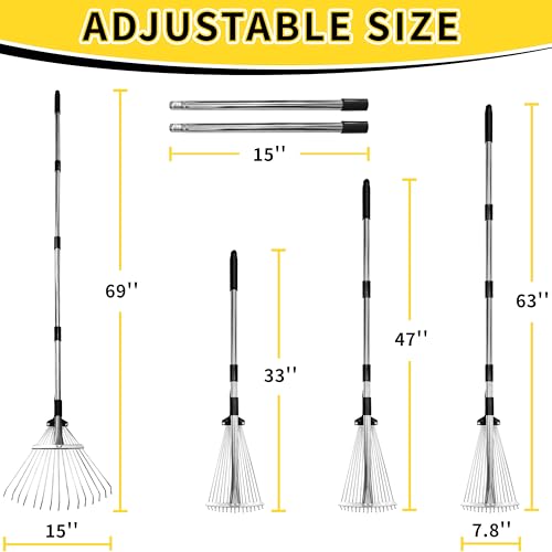 TCBWFY Garden Rake for LeavesHeavy Duty Metal Adjustable Leaf Rake for LawnsLong Handle 3369 with Expandable Head 815Garden Tools for Yard Lawn Shrub Garden Beds - Image 3