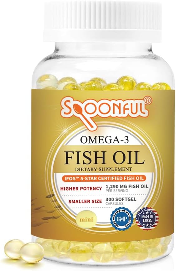 Spoonful زيت السمك أوميغا 3 المصغر من سبونفول معتمد من iFOS 1290 ملغ لكل حصة 300 كبسولة لينة كرات صغيرة الحجم سهلة البلع للنساء وكبار السن مصنوعة في الولايات المتحدة الأمريكية - Image 1